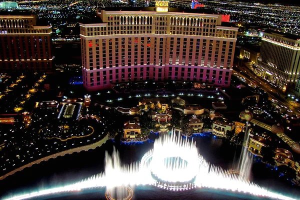A night view of the Bellagio and Las Vegas from above
