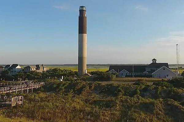 Drone photo of the OI Lighthouse & Coast Guard Station
